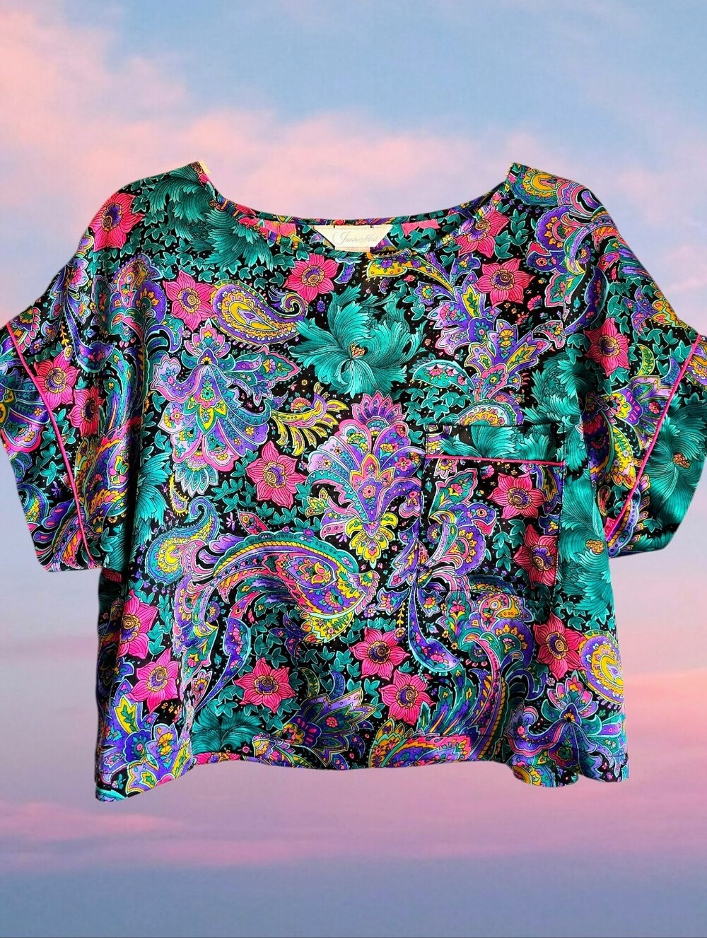 💐90's Silky Paisley Floral Pocket Lingerie Top  Cropped Blouse💐